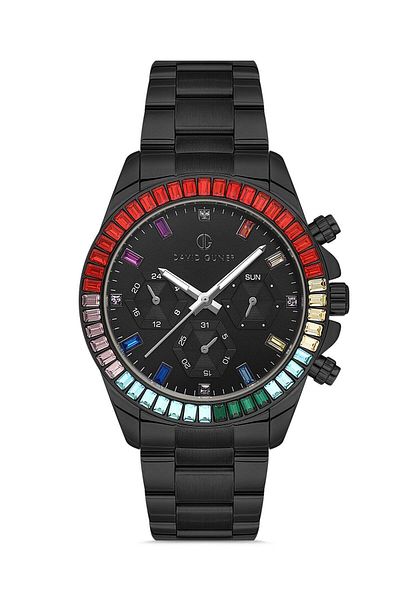 DAVID GUNER Black Coating Multi-Function Stainless Solid Steel Unisex Wristwatch with Black Dial