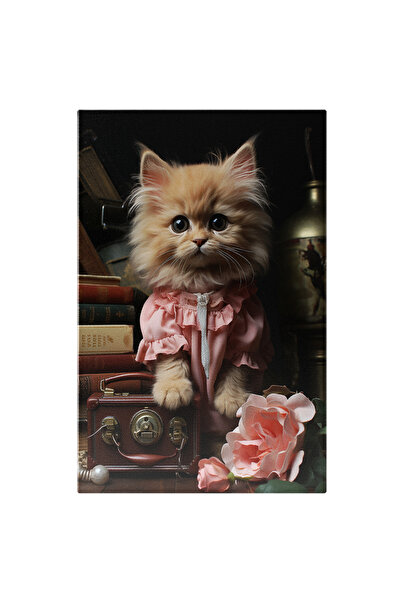 StoryGift Romania Tablou Canvas: Portret Cu Pisicuta Mica,imbracata In Camasuta Roz Cutie, Pisica, Floare, Fruct