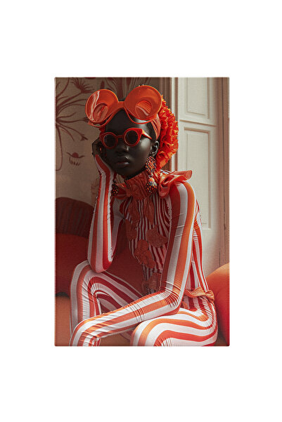 StoryGift Romania Tablou Canvas Dama Cu Pielea Neagra Cu Ochelari Si Basca Portocalie Pe Cap Cu Cercei In Costum