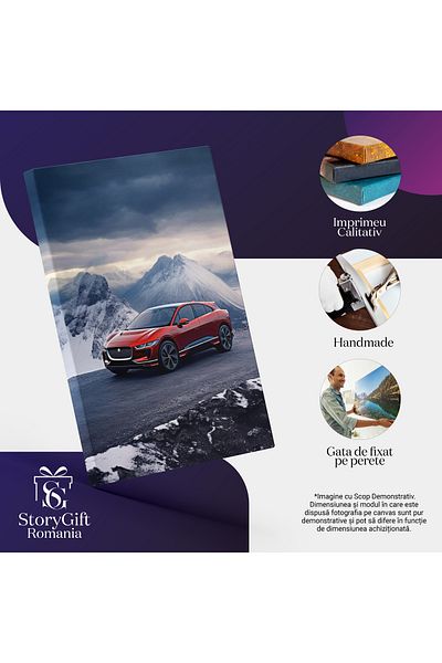 StoryGift Romania Tablou Canvas: Masina Pe O Sosea Montana - Munti Rosie Prezentare Pictura Digitala