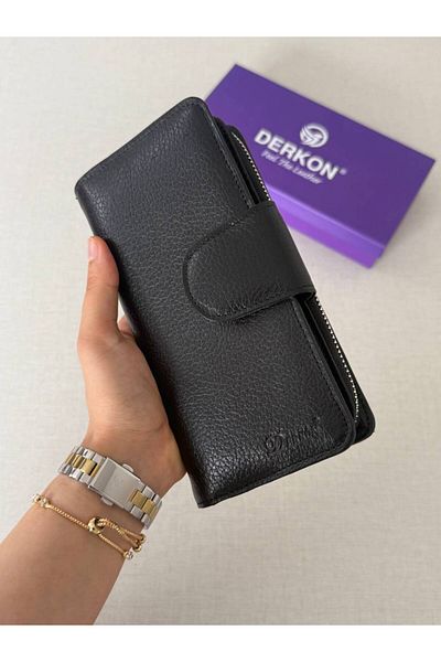 DERKON Genuine Leather Cerny Model Women's Wallet with Plenty of Card Holders Black