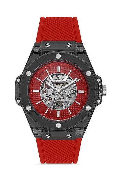 DAVID GUNER Black Coated Automatic Men's Wrist Watch with Red Dial - Dg-8659Gd-Zp8
