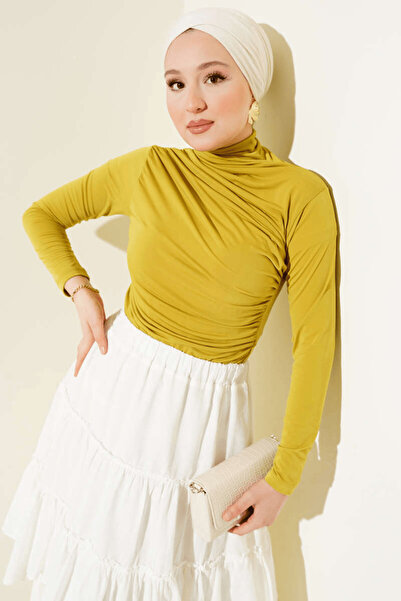 LyLGyM FASSION IS PASSION Balıkçı Yaka Büzgülü Yağ Yeşili Sandy Bluz Body Badi