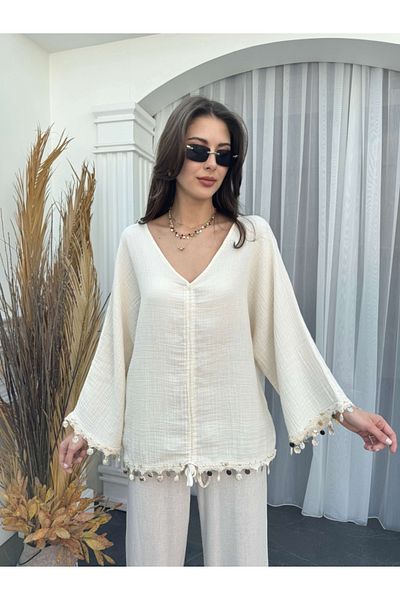 Elif Özbey Butik Μπλούζα μουσελίνας με παγιέτες εκρού