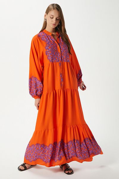 Ritnice Modest Women's Leona 100% Viscose Maxi Length Orange Layered Balloon Sleeve Long Summer Dress