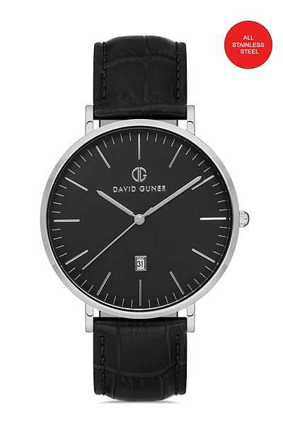 DAVID GUNER Men's Leather Wristwatch with Black Dial and Silver Trim - Dg-8074Gb-J2