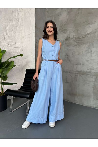 Elif Özbey Butik Baby Blue Knitted Belted Linen Jumpsuit