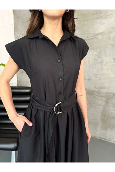 Elif Özbey Butik Rochie neagră cu curea cu gât polo