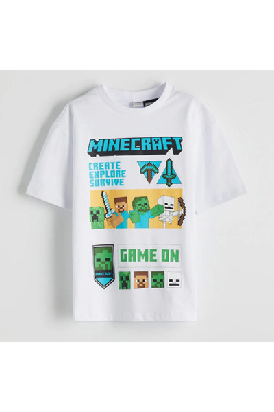 LC Waikiki LCW Kids Beyaz Bisiklet Yaka Minecraft Baskılı Erkek Çocuk Tişört