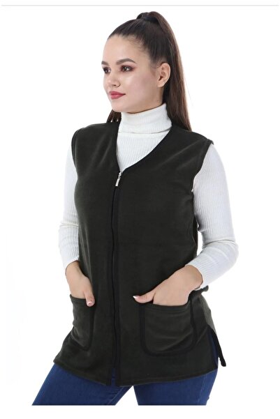 anne moda ankara Fleece Wide Fit V-Neck, Zippered Vest