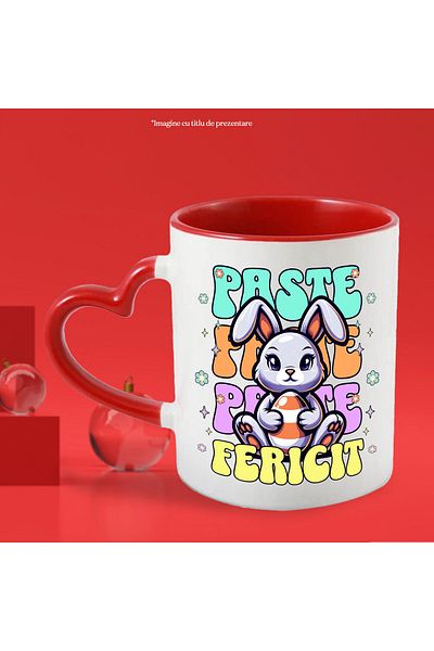 StoryGift Romania Cana Cu Iepure De Paste Mov Vesel Cu Ou Colorat In Brate Text Paste Fericit, Sar, Cu Maner Inim Stg