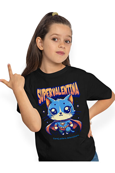StoryGift Romania Tricou Copii Fete Super Valentina, Supererou, Pisica Zburan...