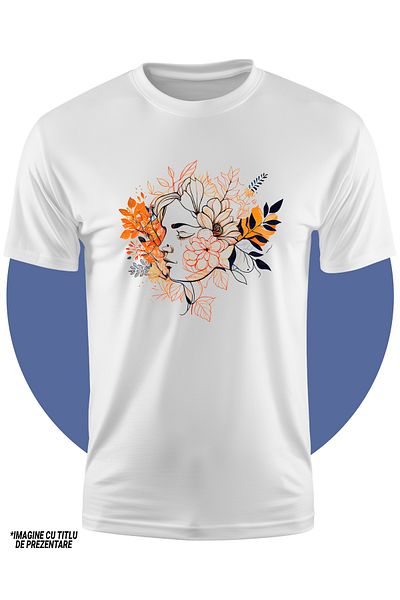 StoryGift Romania Children's T-shirt with a woman's face, illustration, orange leaves, abstract art, plants, n