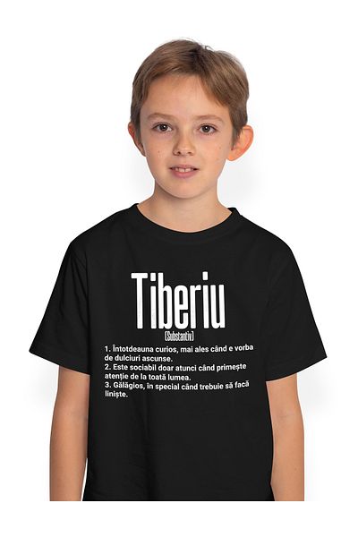 StoryGift Romania Tricou Copii Baieti Cu Numele Tiberiu, Cu Mesaj Amuzant, Curios, Sociabil, Galagios 100% B