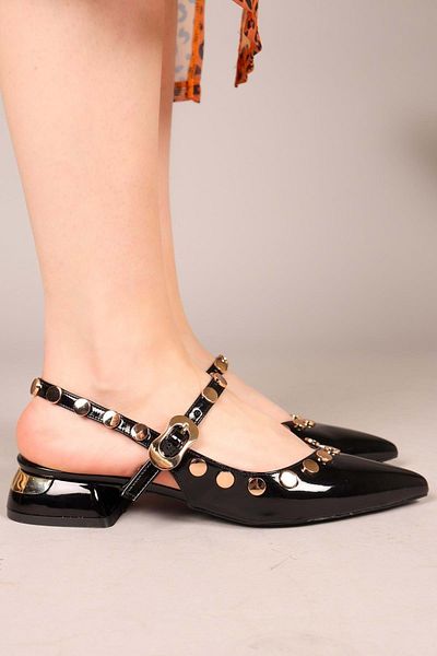 Kocamanlar Ayakkabı Feles Yellow Sequin Detailed Open Back Women's Ballerina Shoes Black