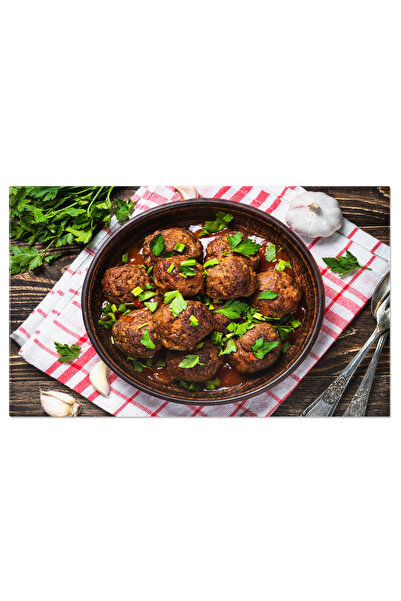 StoryGift Romania Tablou Canvas Chiftele In Sos De Rosii, Servite Pe Masa De Lemn Bucate Savuroase Pregatite Cu