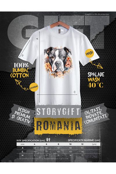 StoryGift Romania Kids T-shirt with a Boxer dog, yellow, orange flowers, serious, sad, 100% illustration