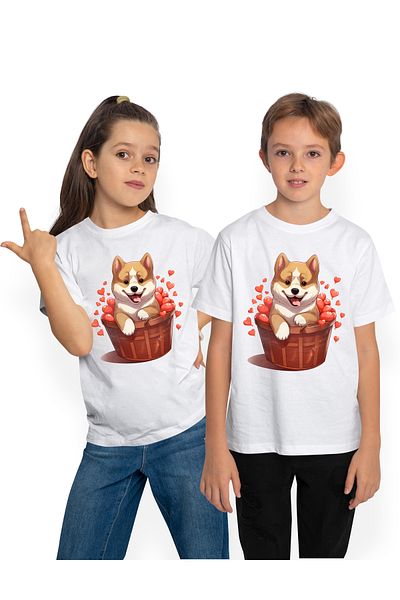 StoryGift Romania Tricou Copii Cu Un Catel Vesel Care Sta Intr-un Cos, Ilustratie, Jucaus, Inimioare, Apreci