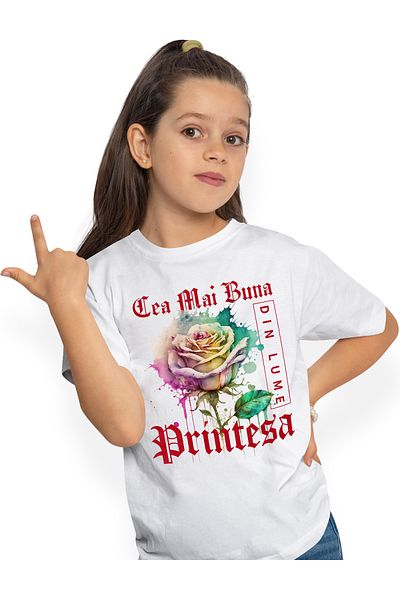 StoryGift Romania Tricou Copii Fete Cu Textul Cea Mai Buna Printesa, Din Lume, Floare, Trandafir Colorat, Wa