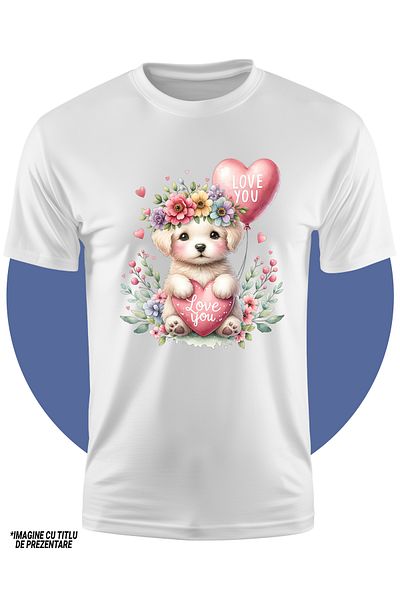 StoryGift Romania Tricou Copii Cu Un Catelus, Ilustratie, Tine O Inimioara Cu Mesajul "love You", Ilustratie