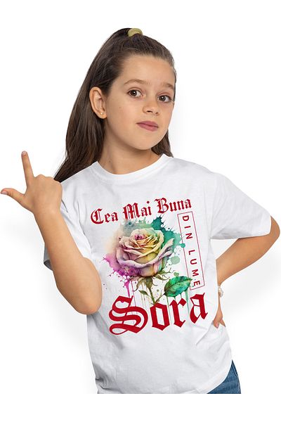 StoryGift Romania Children's T-shirt for Girls with the Text Best Sister in the World, Flower, Colorful Rose, Watercolor