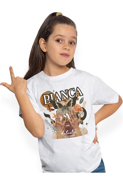 StoryGift Romania Tricou Copii Fete Cu Numele Bianca, Colaj Fata, Fluture, Flori, Cerc 100% Bumbac, Unisex,