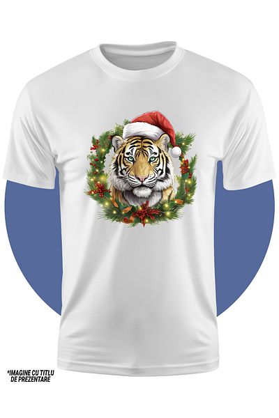 StoryGift Romania Children's T-shirt with a tiger in a Christmas hat, holiday atmosphere, crown, mistletoe, fr