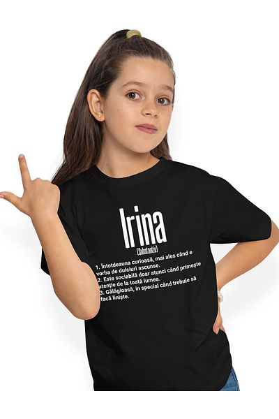 StoryGift Romania Kids Girls T-Shirt With Name Irina, and Funny Message, Curious, Sociable, Noisy 100%