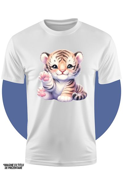 StoryGift Romania Children's T-shirt with a cheerful tiger cub, illustration, playful, raises paw, makes hand gesture, co