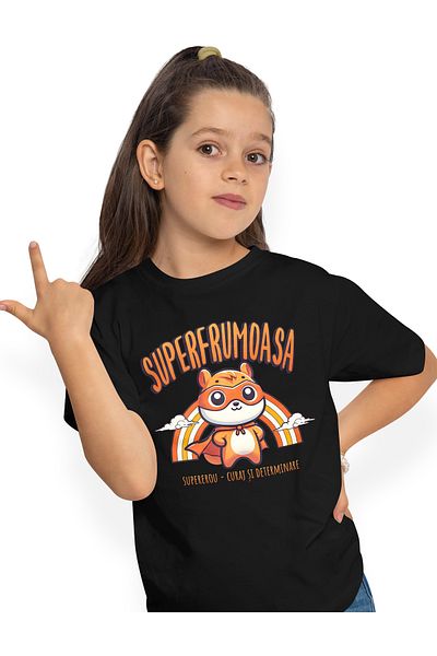 StoryGift Romania Tricou Copii Fete Super Frumoasa Supererou, Curaj Si Determinare 100% Bumbac, Unisex, Negr