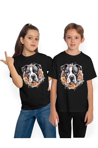 StoryGift Romania Kids T-Shirt With A Boxer Dog, Yellow Flowers, Oranges, Serious, Sad, 100% Illustration