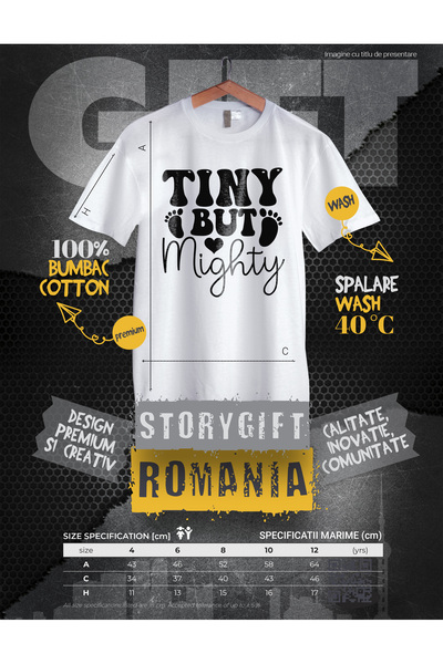 StoryGift Romania Kids T-shirt for Small and Mighty Children with the Message in English "tiny, But Mighty" 100% Cotton