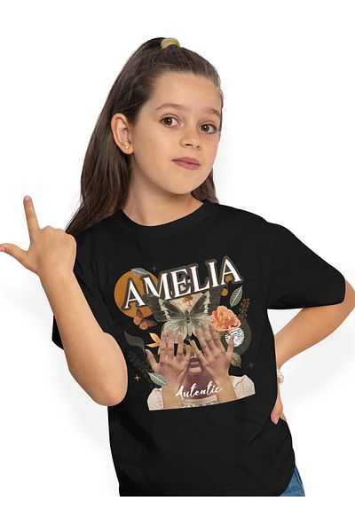 StoryGift Romania Tricou Copii Fete Cu Numele Amelia, Colaj Fata, Fluture, Flori, Cerc 100% Bumbac, Unisex,