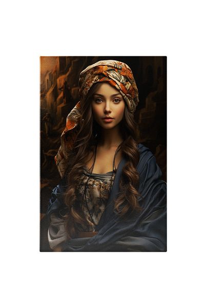 StoryGift Romania Tablou Canvas: Portret Fata Bruneta Cu Esarfa Pe Cap Buze Roz Bluza Albastra Privire Seducatoar