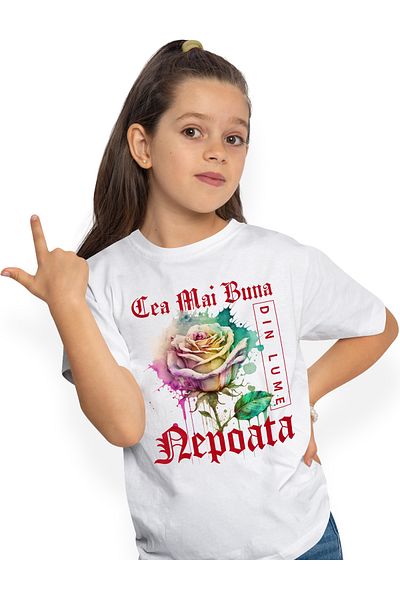 StoryGift Romania Tricou Copii Fete Cu Textul Cea Mai Buna Nepoata, Din Lume, Floare, Trandafir Colorat, Wat