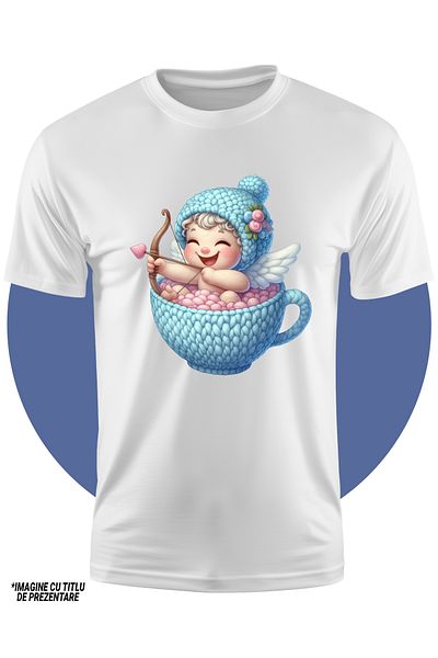 StoryGift Romania Tricou Copii Cu Un Bebelus Cupidon Care Sta Intr-o Ceasca Din Lana, Ilustratie, Trage Cu A