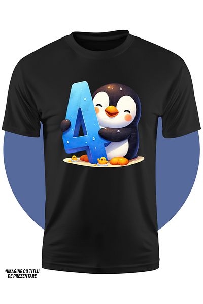 StoryGift Romania Tricou Copii Cu Un Pinguin Vesel Care Tine Cifra "4", Ilustratie, Scoala, Elevi, Matematic