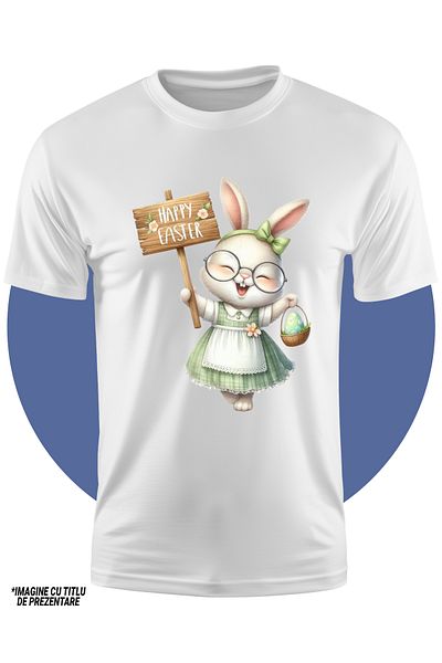 StoryGift Romania Tricou Copii Cu O Iepuroaica In Rochita, Ilustratie, Paste Fericit, Mesajul "happy Easter"