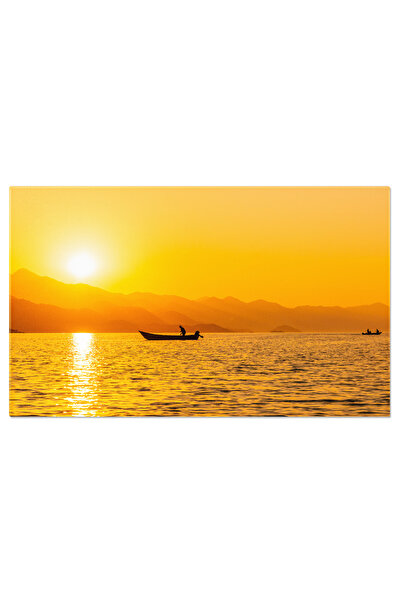 StoryGift Romania Tablou Canvas Barca De Pescuit Cu Pescar, Lac, Shiroka, Shkoder, Apus, Pescuit. 4051