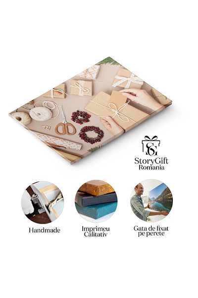 StoryGift Romania Tablou Canvas - Cadou Ambalat Cu Dragoste Si Atentie - Craft, Flat Lay, Holiday, Ornament