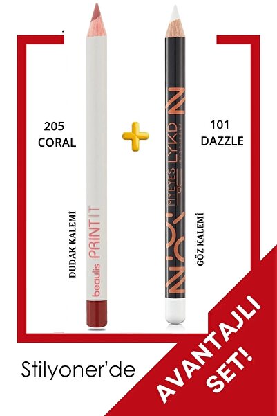 beaulis 205 Coral Dudak Kalemi + Lykd 101 Dazzle Göz Kalemi En Favori 2'li Ma...