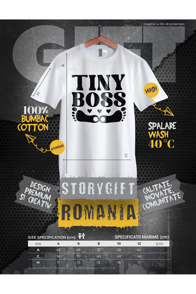 StoryGift Romania Children's T-shirt with the text in English "tiny Boss" - The Little Boss Baby Steps Childhood 100% Bu