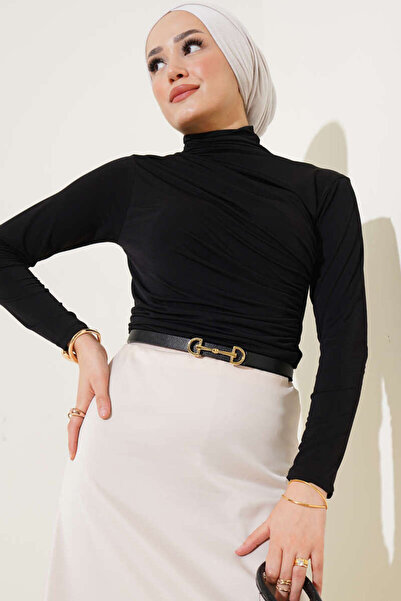 LyLGyM FASSION IS PASSION Turtleneck Gathered Black Sandy Blouse Body Badi