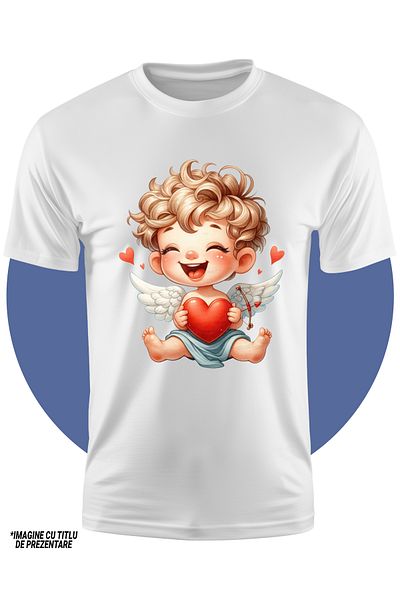StoryGift Romania Tricou Copii Cu Un Bebelus Cupidon Care Tine O Inima In Brate, Apreciere, Cadou, Arc Cu Sa