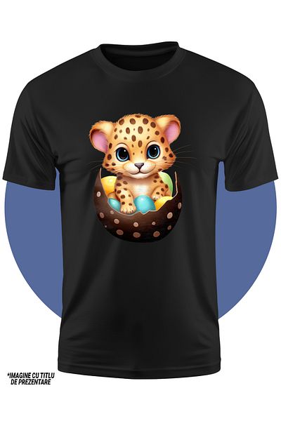 StoryGift Romania Children's T-shirt with a tiger cub coming out of a broken egg, illustration, several colored eggs