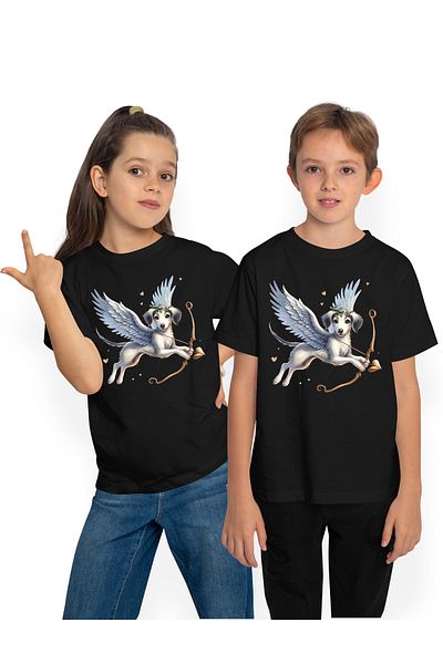 StoryGift Romania Tricou Copii Cu Un Catel Alb Surprins Care Trage Cu Arcul, Ilustratie, Aripi, Zboara, Vale