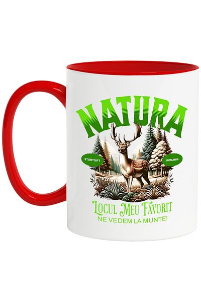 StoryGift Romania Cana cu Ren Cu Coarnr Lungi In Padure Text Natura Locul Meu Preferat Ne Vedem La, Cu Maner Rosu STG
