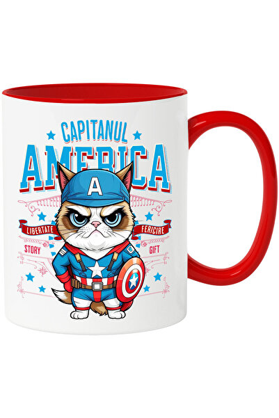 StoryGift Romania Grumpy Cat Mug / Grumpy Cat In Captain America Costume with P, With Red Handle STG