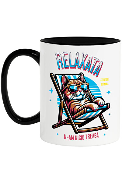 StoryGift Romania Cana Pisica cu ochelari de soare relaxata pe sezlong, 330ml...