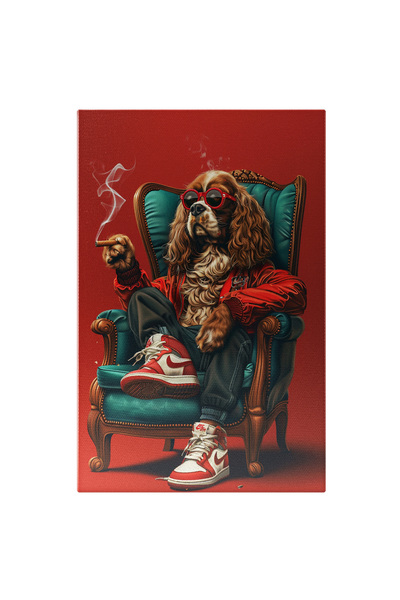 StoryGift Romania Tablou Canvas Cocker Modern În Fotoliu Fumează Și Este Încălțat Cu Bascheți Nike , Pictura Digi